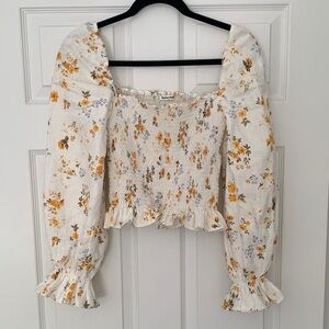 Reformation Size S 100% Linen Floral Puff Sleeve Blouse in Cream and Yellow